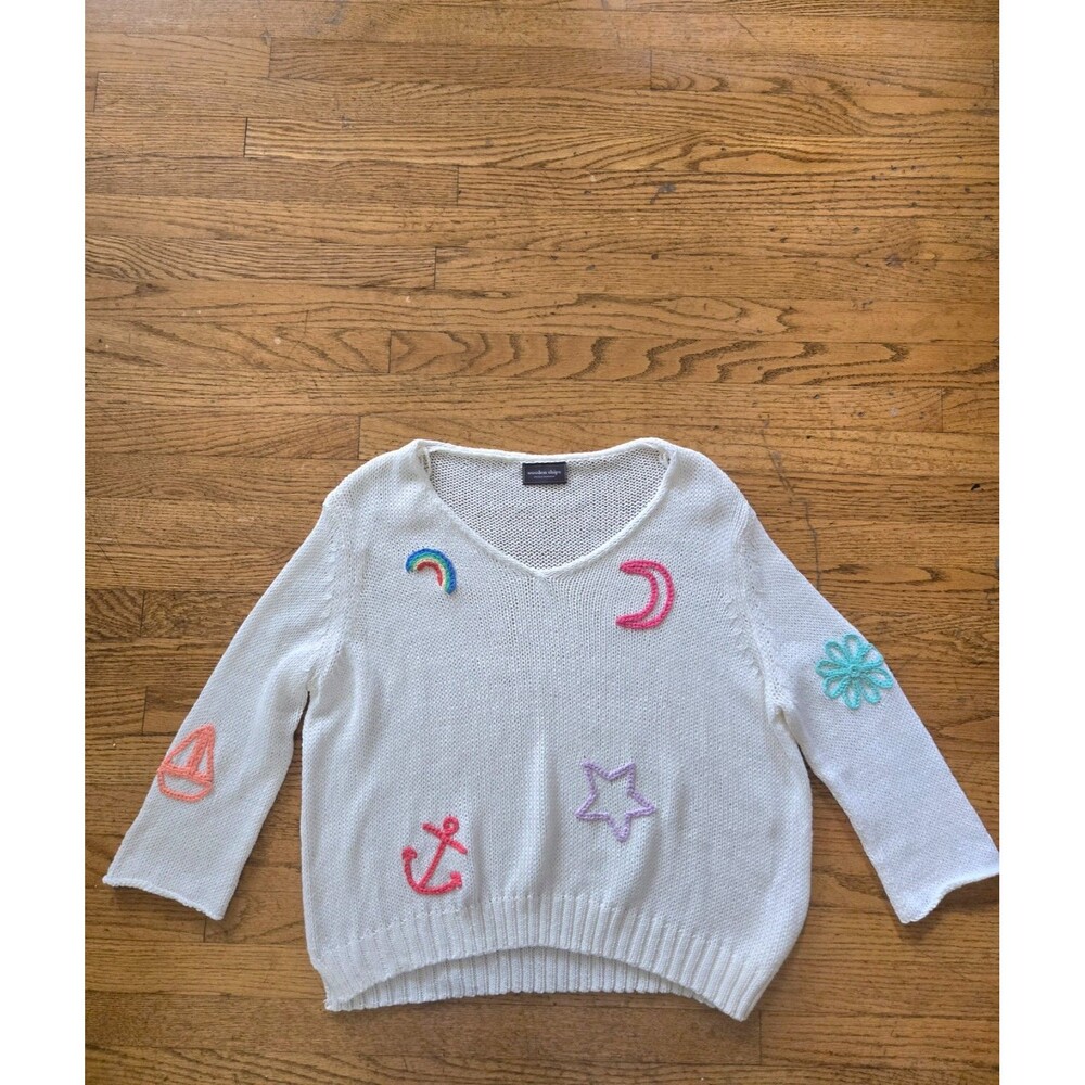 Wooden Ships Paola Buendia White Embroidered Beachy Knit Sweater Size S/M
